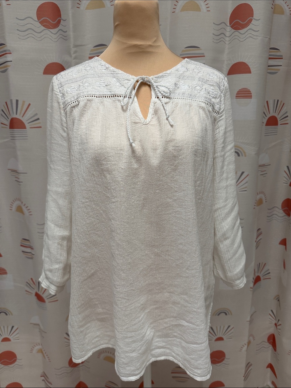 Artisan Ny White Embroidered Tie-Neck Tunic